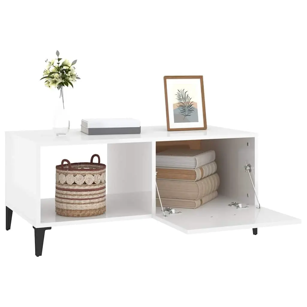 Coffee Table White High Gloss Modern Storage Engineered Wood 90Lx50Wx40H cm