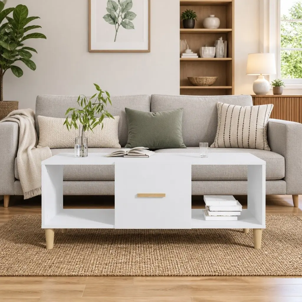 Coffee Table White 102x50x40 cm Storage Compartments Drawer