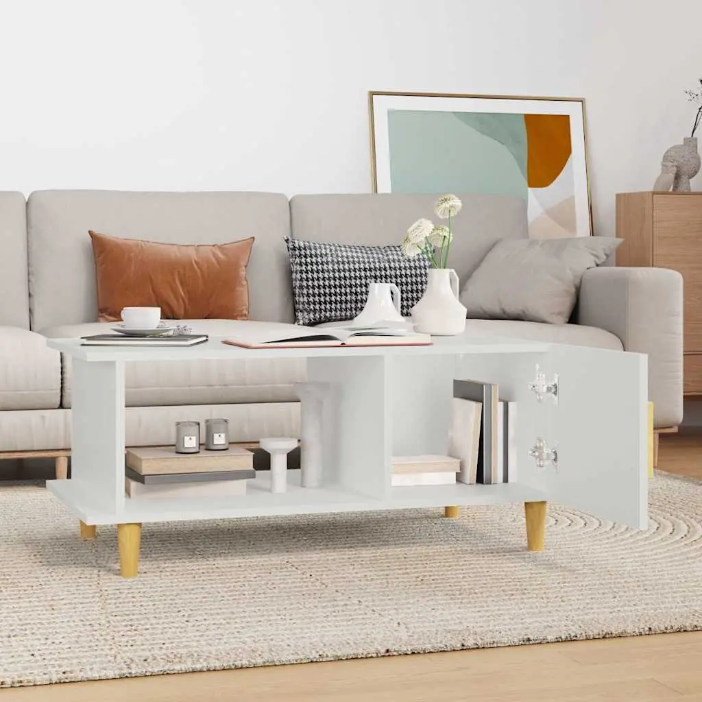 Coffee Table White Engineered Wood Storage Compartment Shelf Modern Living Room