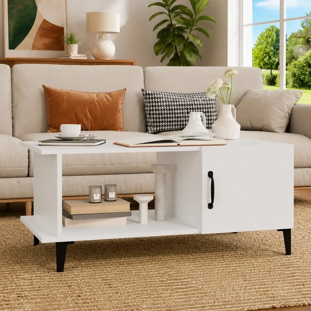 Coffee Table White 90x50x40 cm Storage Compartment Shelf Metal Legs