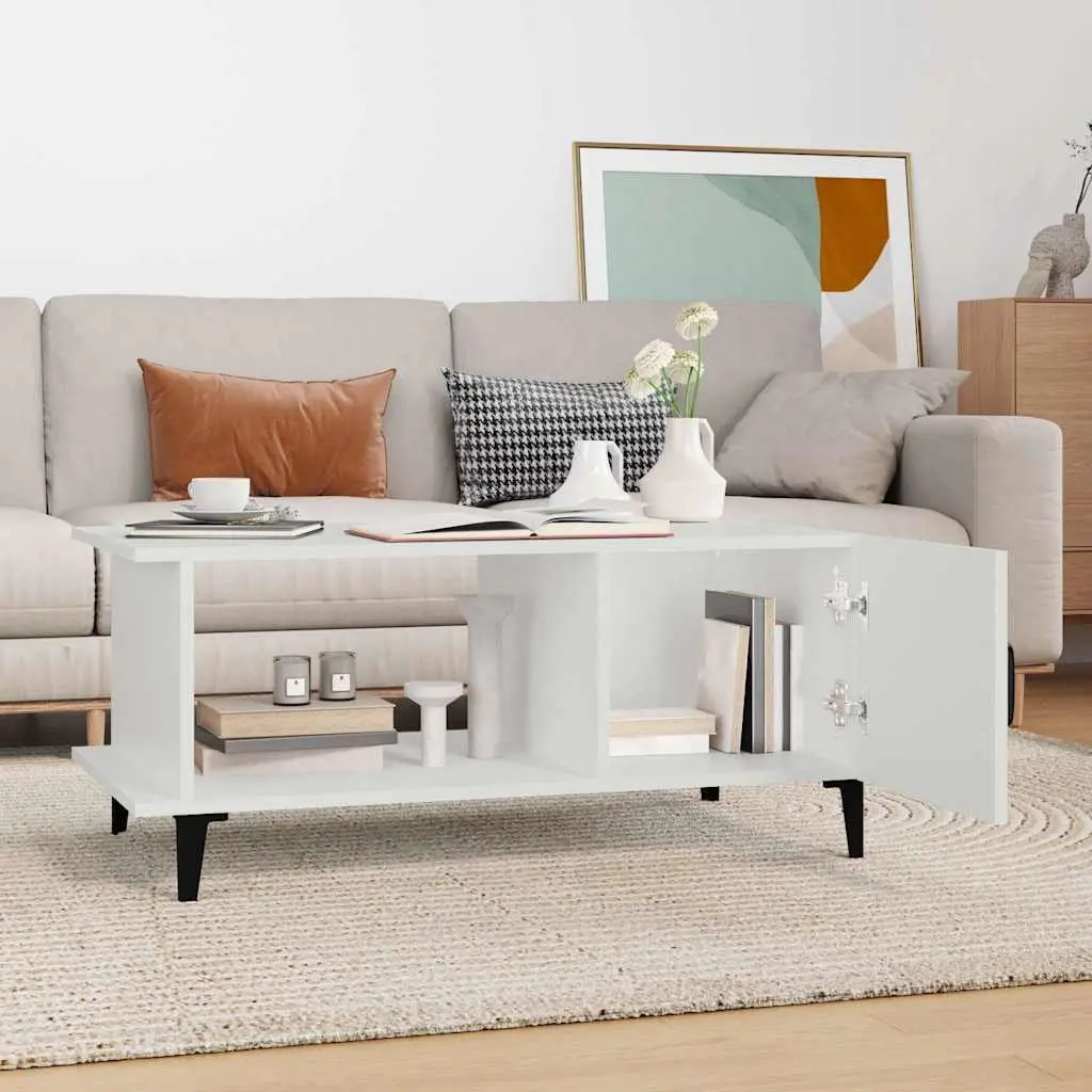 Coffee Table White 90x50x40 cm Storage Compartment Shelf Metal Legs