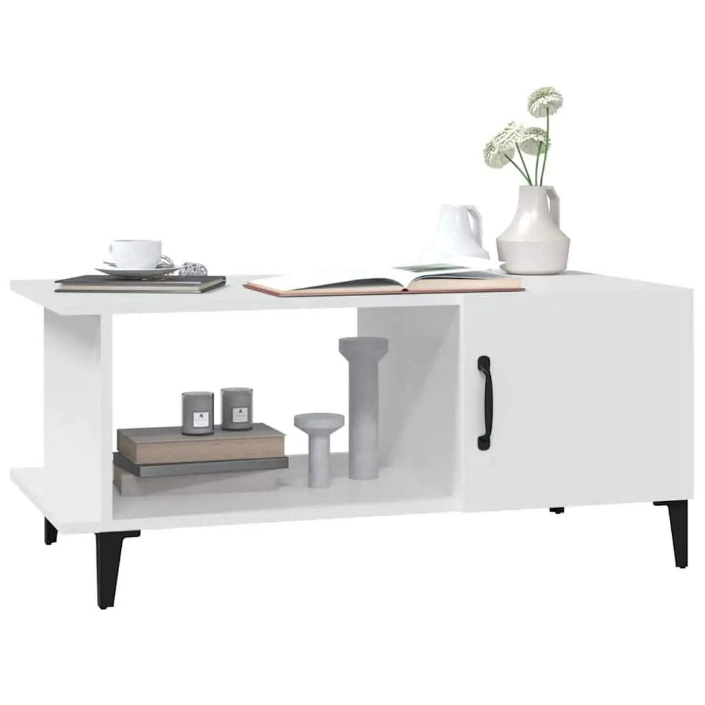 Coffee Table White 90x50x40 cm Storage Compartment Shelf Metal Legs