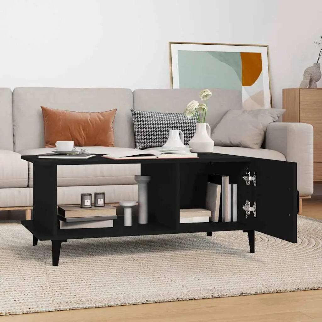 Black Coffee Table 90x50x40 cm Engineered Wood with Shelf and Storage Compartment