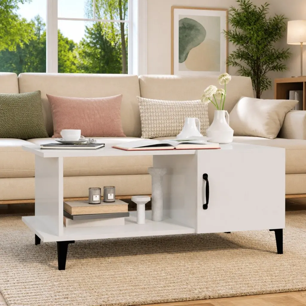 Coffee Table White High Gloss with Storage Compartment and Shelf Metal Legs