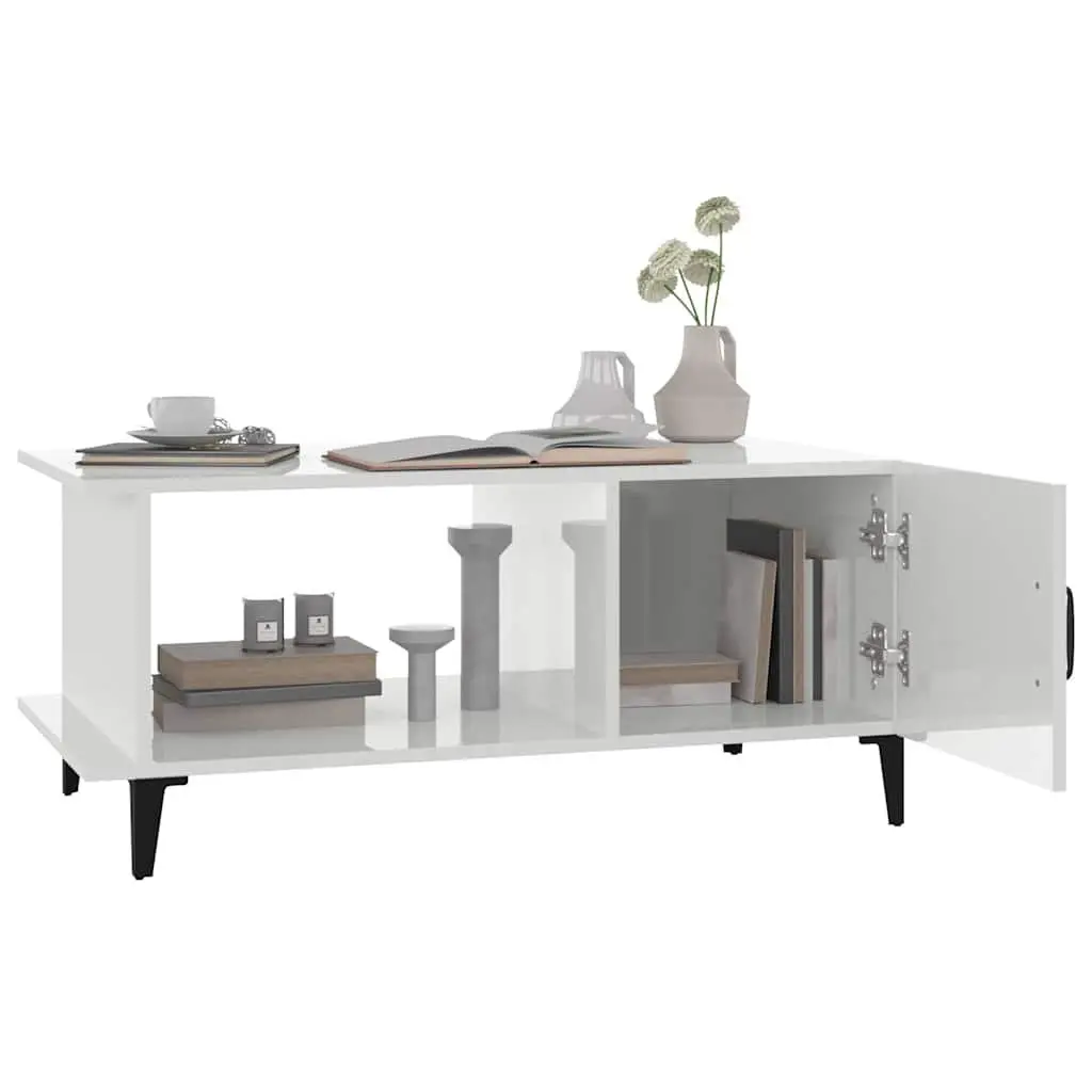 Coffee Table White High Gloss with Storage Compartment and Shelf Metal Legs