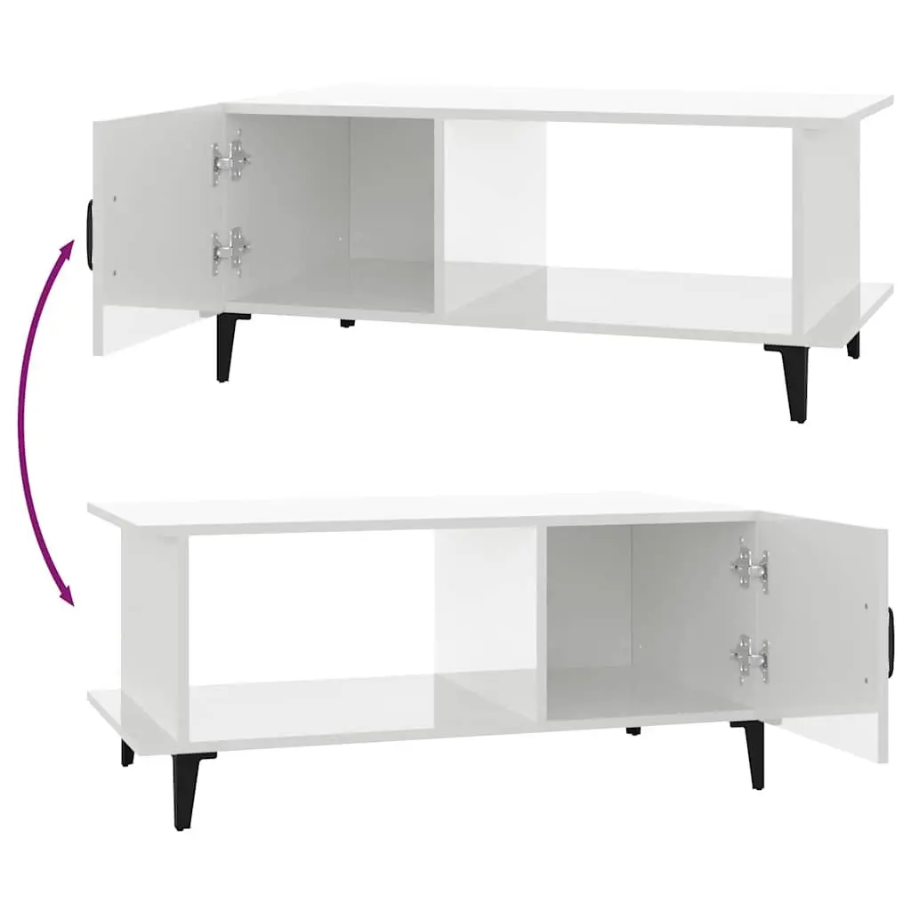 Coffee Table White High Gloss with Storage Compartment and Shelf Metal Legs
