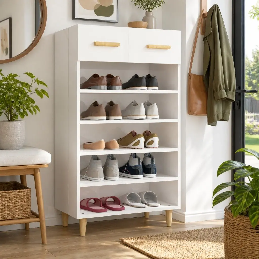 Shoe Storage Cabinet Tall White Organiser 5 Compartments 1 Drawer Engineered Wood