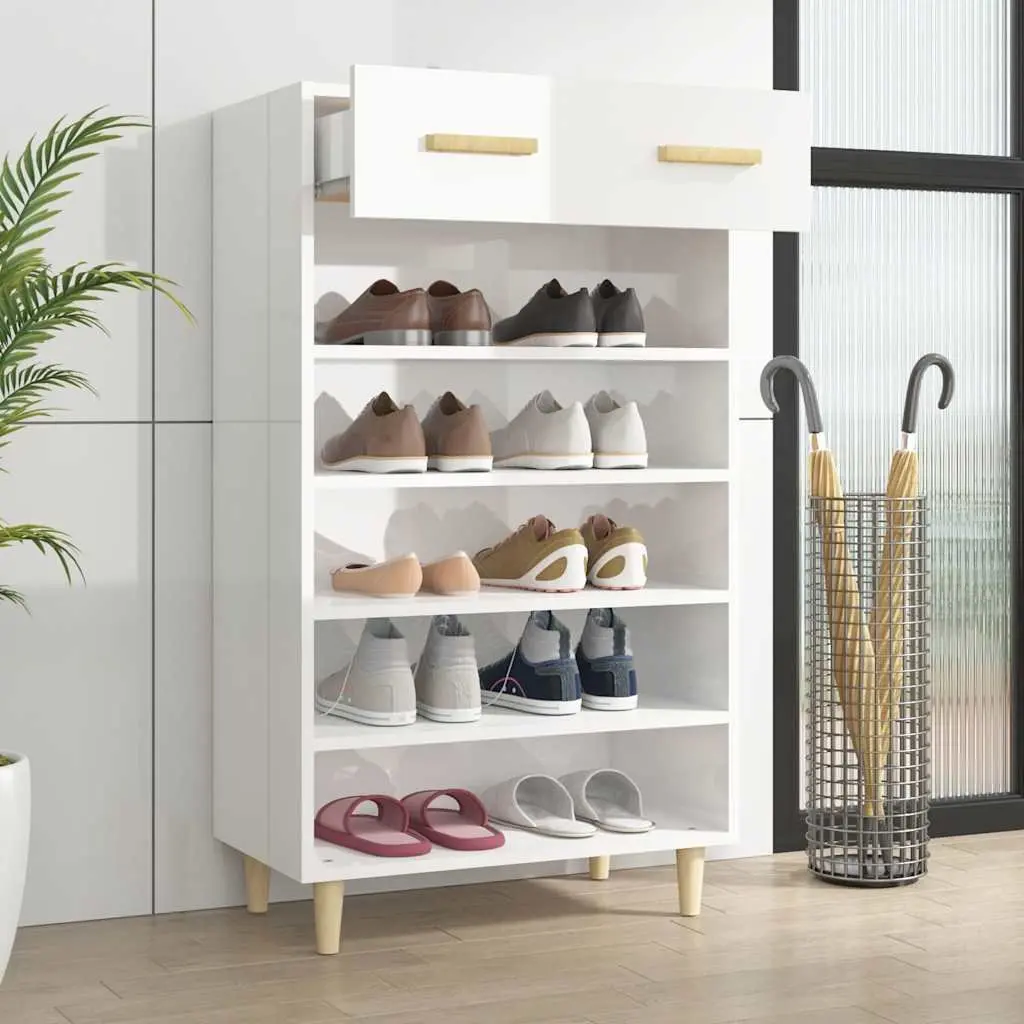 Shoe Storage Cabinet Tall White Organiser 5 Compartments 1 Drawer Engineered Wood