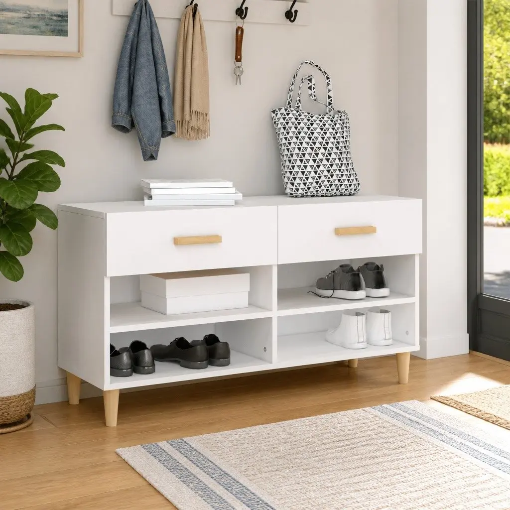 Shoe Storage Cabinet White 2 Drawers 4 Compartments Organiser Display Top