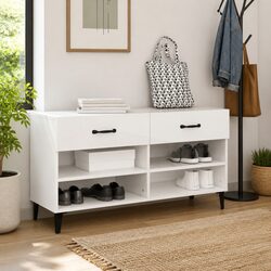 Shoe Cabinet White High Gloss Engineered Wood Storage Organiser 2 Drawers 4