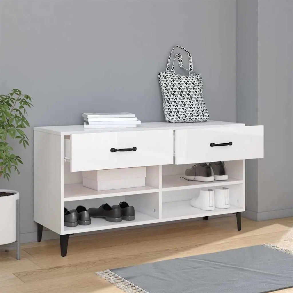 Shoe Cabinet White Engineered Wood High Gloss 2 Drawers 4 Compartments