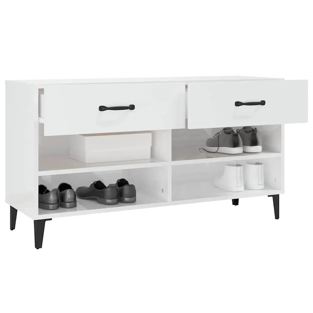 Shoe Cabinet White Engineered Wood High Gloss 2 Drawers 4 Compartments