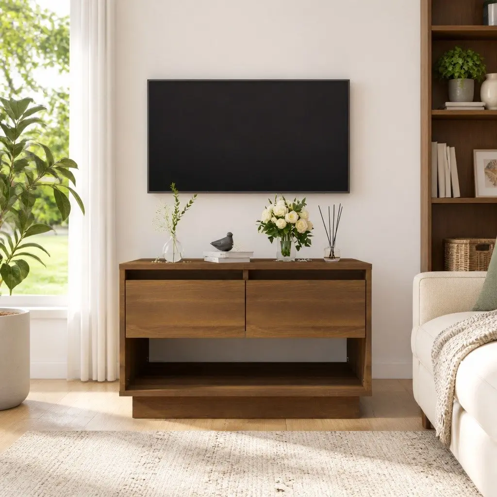 TV Cabinet Brown Oak 70W x 41D x 44H cm Durable Construction with 2 Drawers and 1 Open Compartment