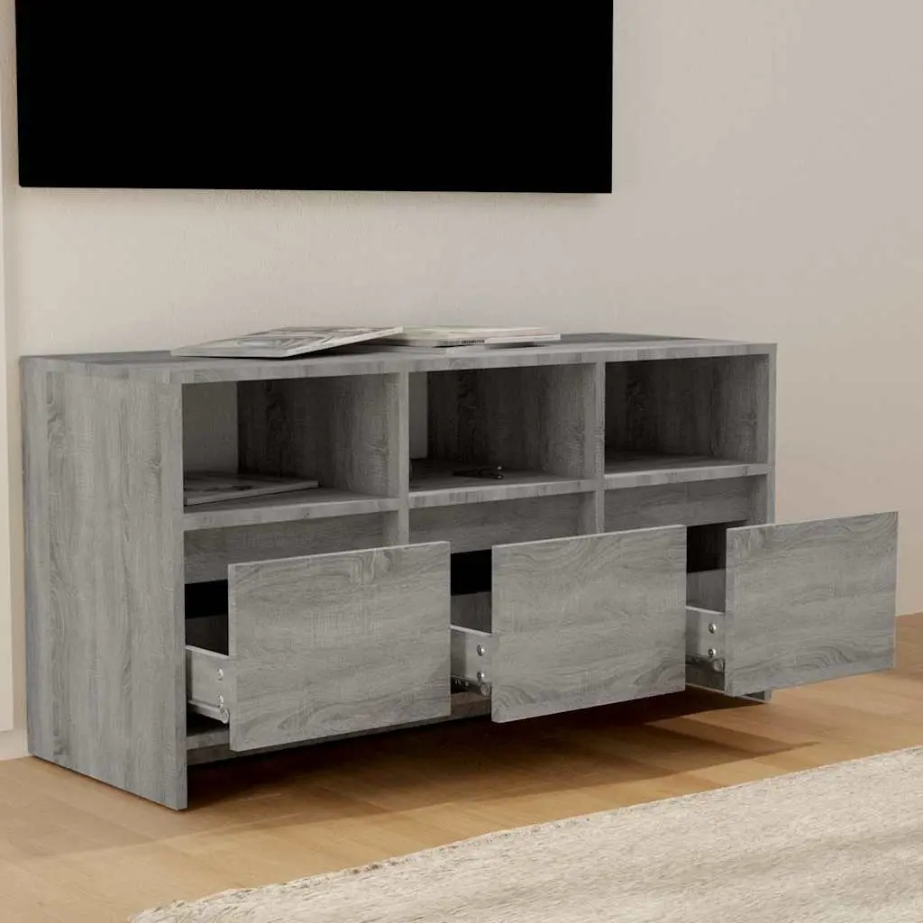 Grey TV Cabinet Lowboard 102x37.5x52.5cm with 3 Drawers and Compartments for Living Room Storage