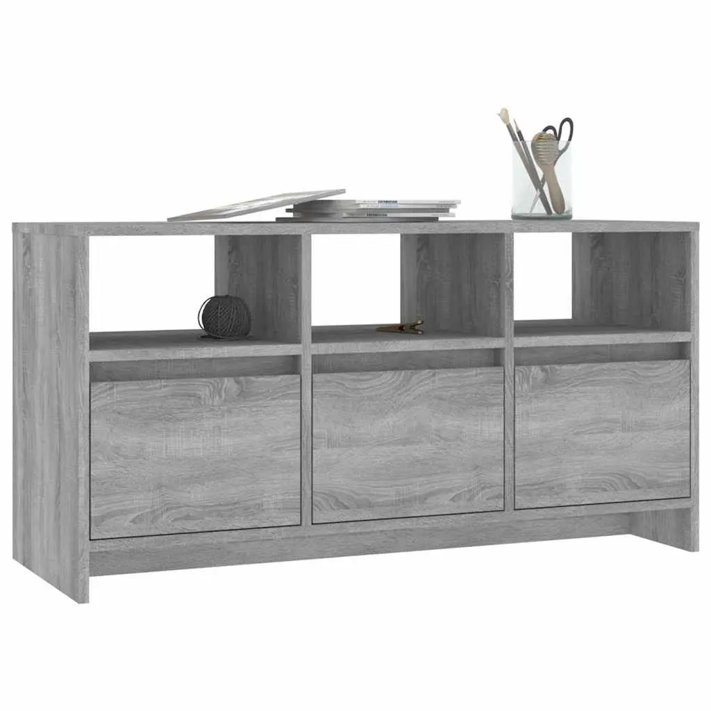 Grey TV Cabinet Lowboard 102x37.5x52.5cm with 3 Drawers and Compartments for Living Room Storage