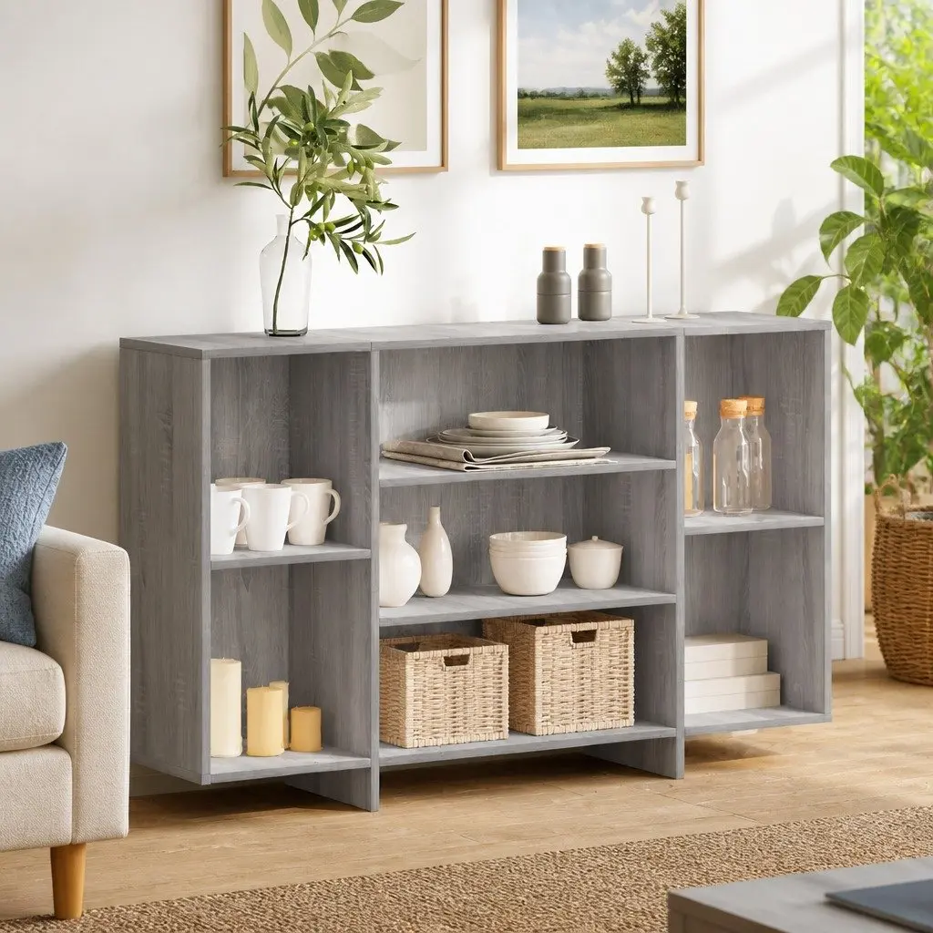 Sideboard Grey Engineered Wood 120W x 30D x 75H cm 4 Shelves Storage Cabinet