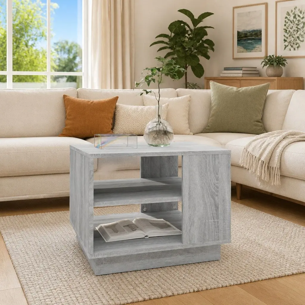 Square Coffee Table Grey Modern with Storage Shelves Engineered Wood 55cm x 55cm x 43cm