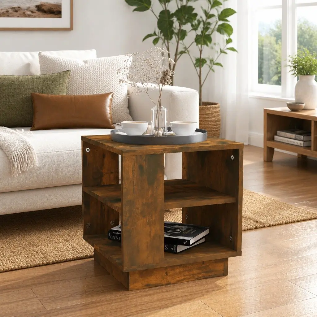Coffee Table Brown Engineered Wood 2 Shelves Modern Living Room Accent Storage