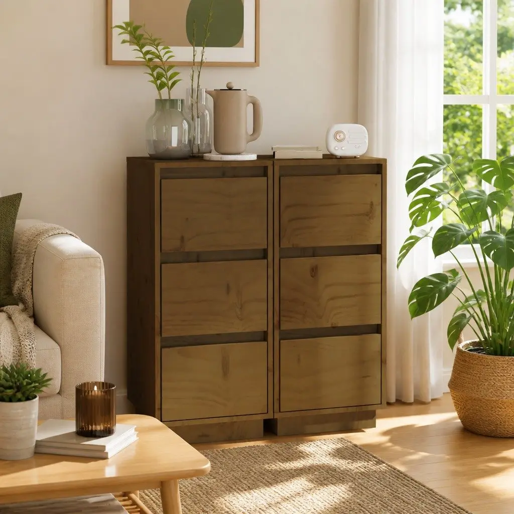 Solid Wood Sideboard Honey Brown 75 cm Sturdy Top with Cabinet Doors