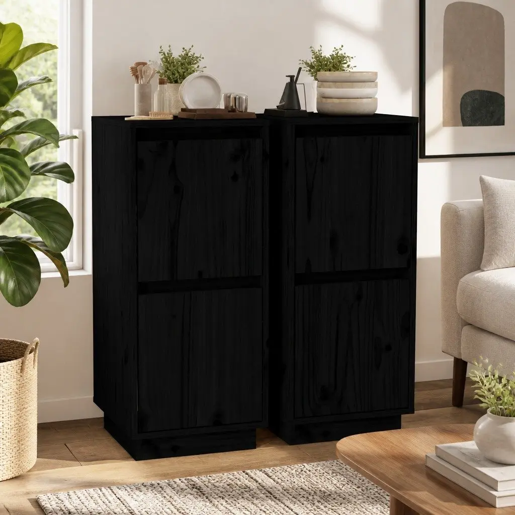 Solid Wood Pine Sideboards Black 2 Piece Storage Cabinet Buffet Furniture Set