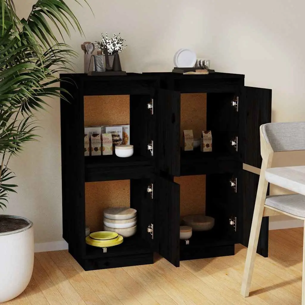 Solid Wood Pine Sideboards Black 2 Piece Storage Cabinet Buffet Furniture Set