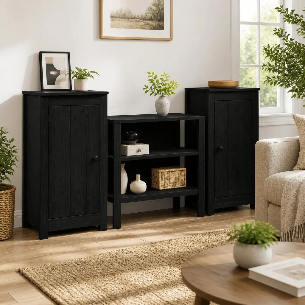 Black 2 Piece Sideboard Storage Cabinet Solid Pine Wood Rustic Living Room Furniture