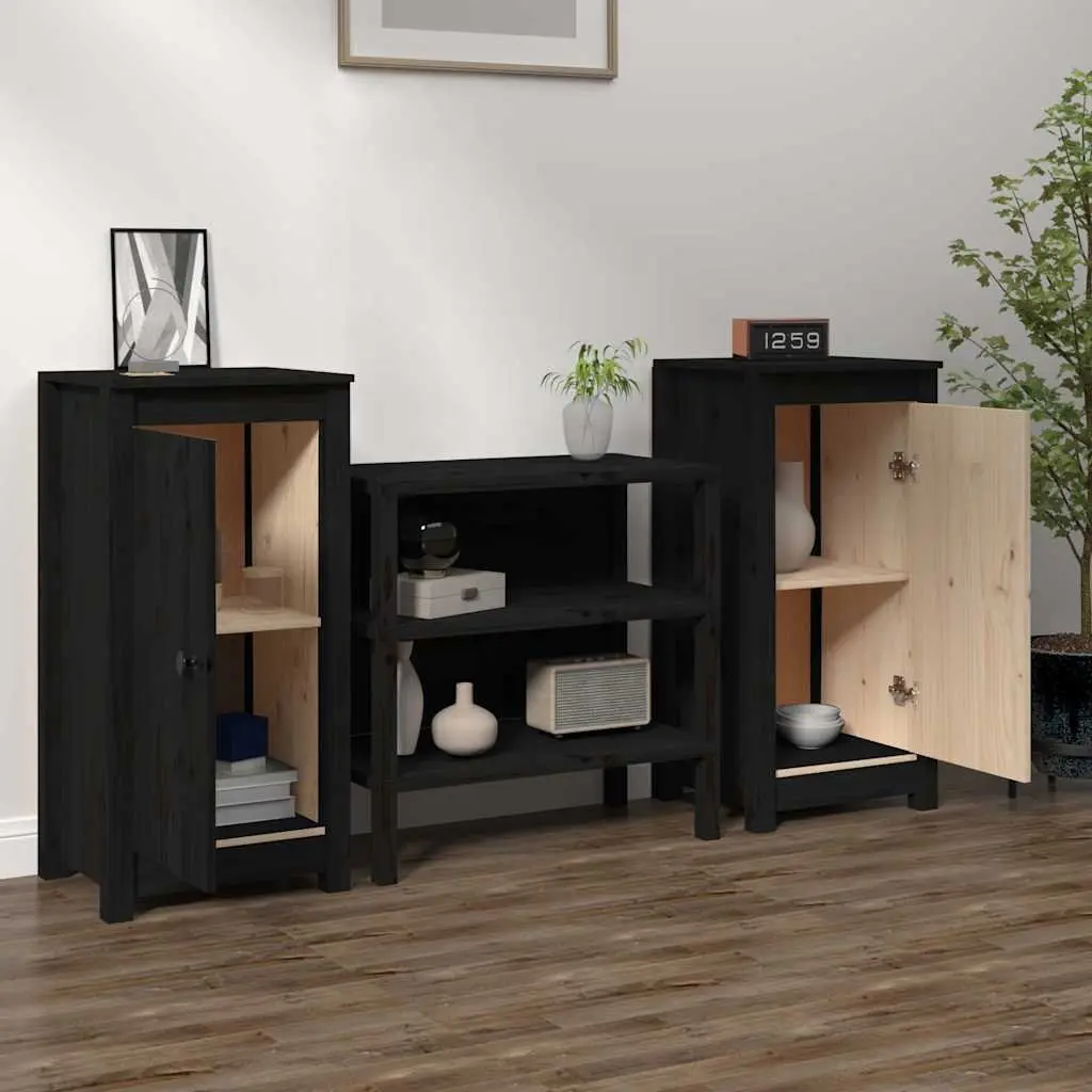 Black 2 Piece Sideboard Storage Cabinet Solid Pine Wood Rustic Living Room Furniture