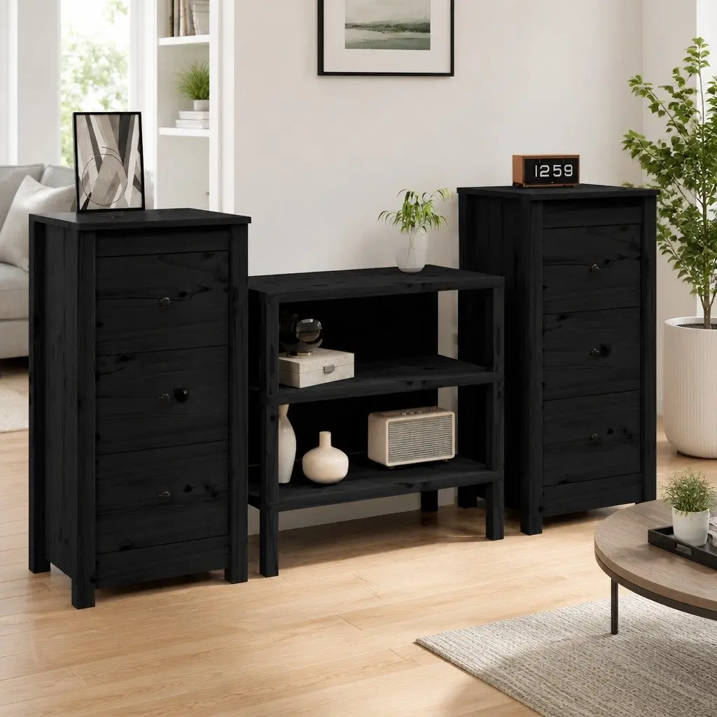 Sideboard Black Solid Pine Wood 40x35x80cm Sturdy Storage Cabinet