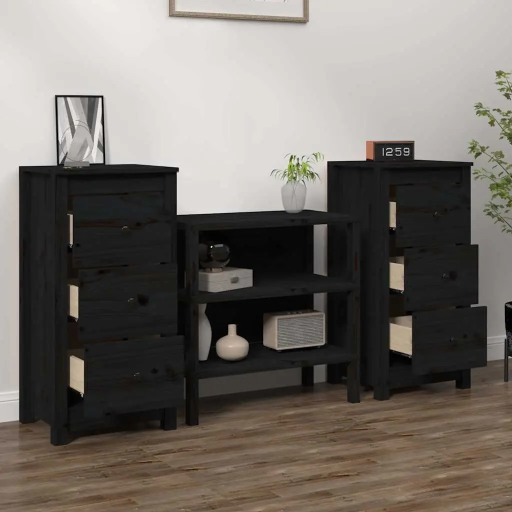 Sideboard Black Solid Pine Wood 40x35x80cm Sturdy Storage Cabinet