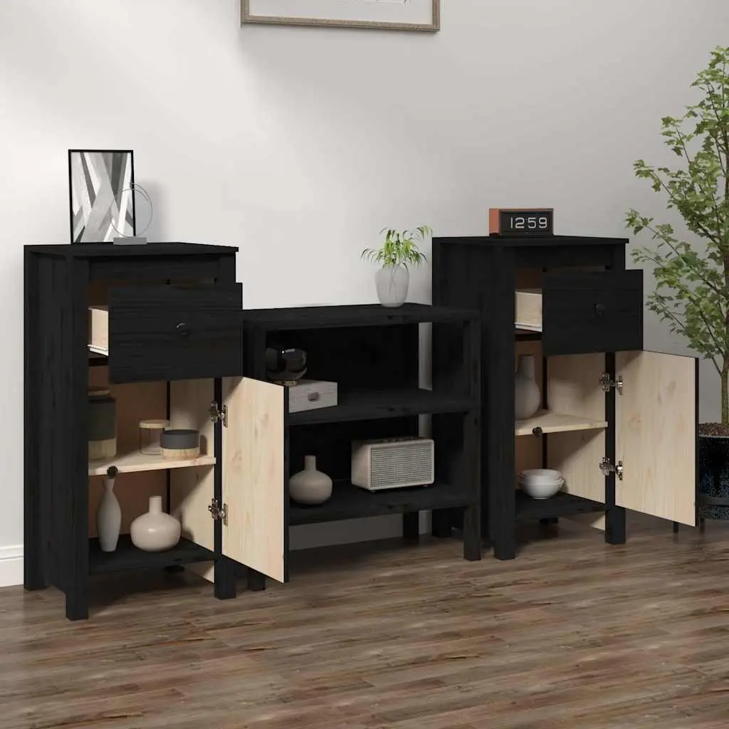 Solid Wood Pine Sideboards Black 40cm W x 35cm D x 80cm H Ample Storage Space