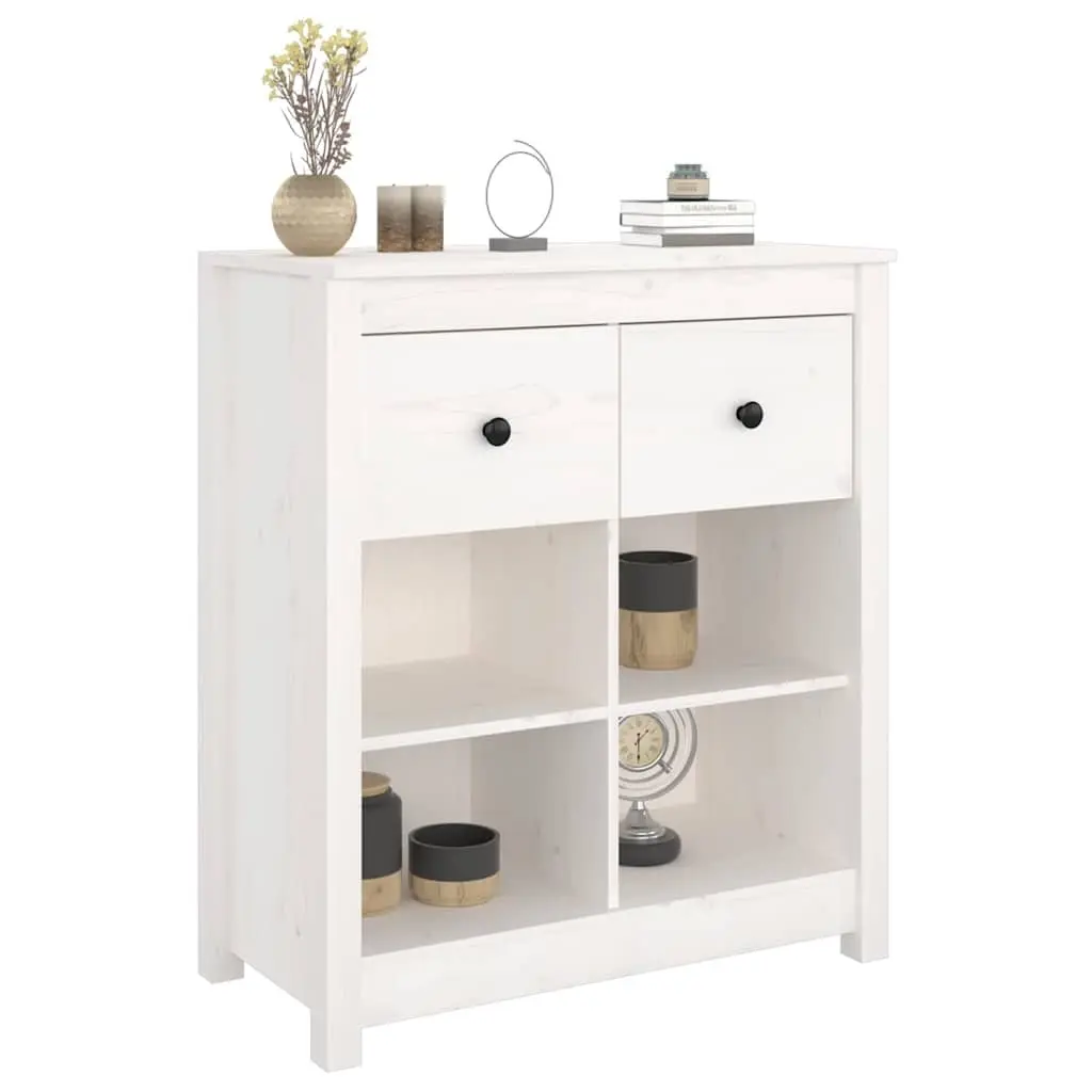 Sideboard Storage Cabinet White Solid Pine Wood 70x35x80cm 2 Drawers 4 Compartments