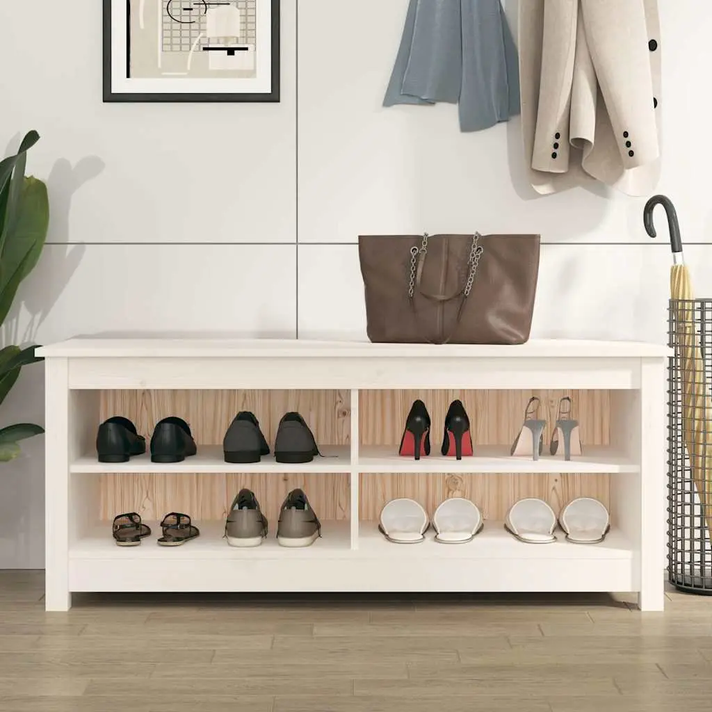 Shoe Storage Bench White Solid Pine Wood 110x38x45.5cm Four Compartments Stable Seating Top for Entryway or Hallway