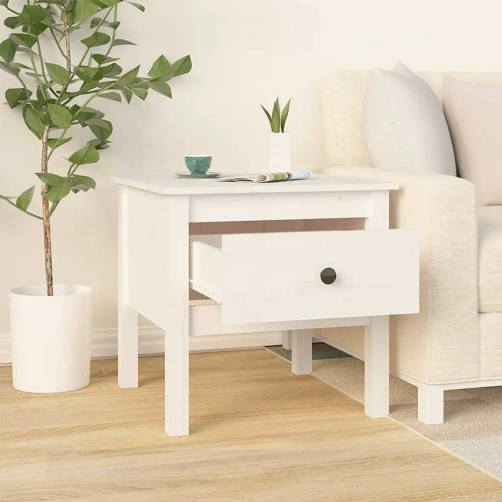 Solid Pine Wood Side Table White 50x50x49 cm Drawer Storage Compact Living Room Bedroom