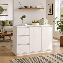 Solid Pine Wood Sideboard White Storage Cabinet 2 Doors 3 Drawers Living Room