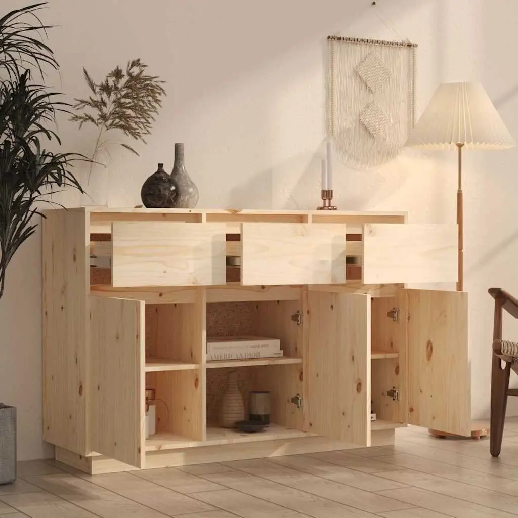 Solid Pine Wood Sideboard Brown 111x36x75 cm Floating Storage Cabinet with 3 Drawers and 6 Compartments