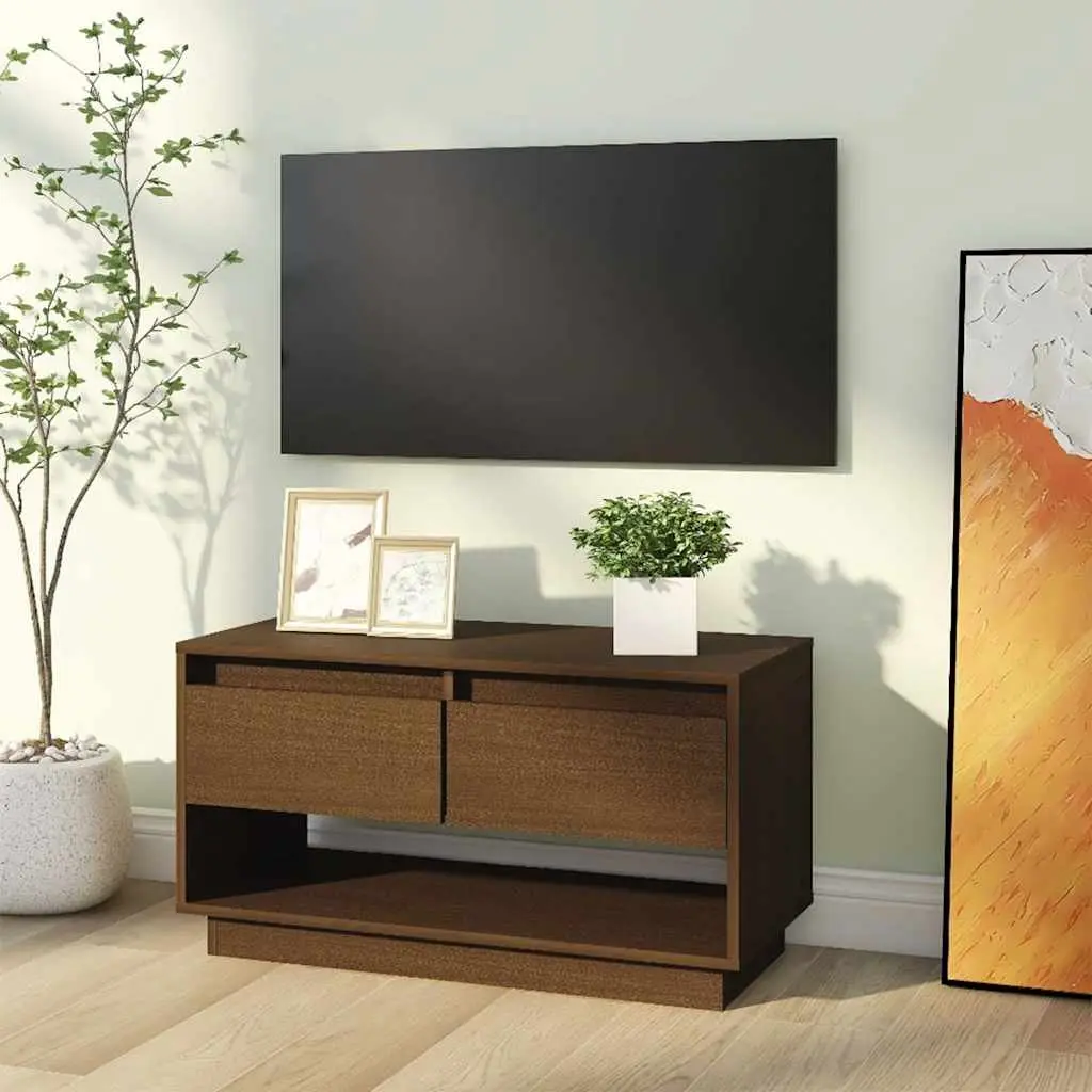 Solid Wood Pine TV Cabinet Honey Brown with Drawers Sturdy Frame Storage Unit