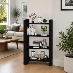 Black Solid Pine Wood Room Divider with Ample Shelves