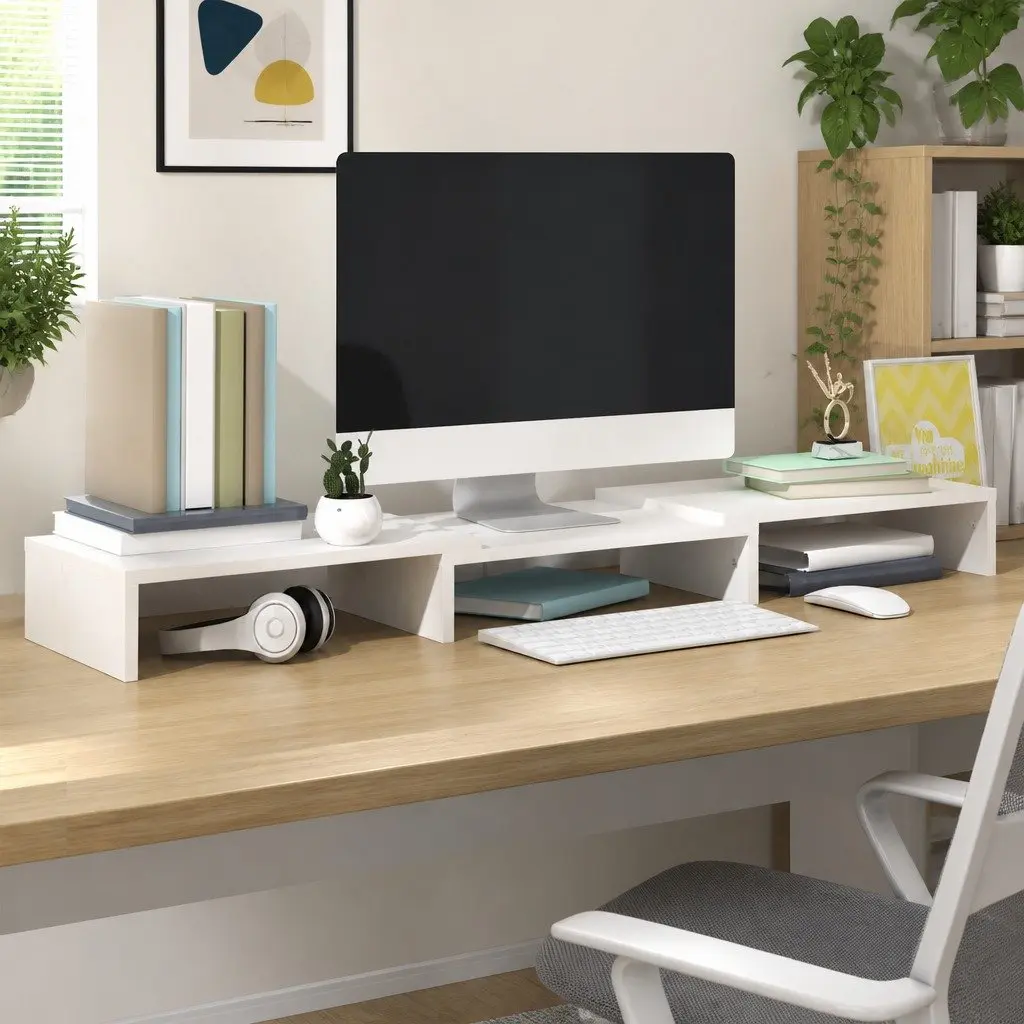 Monitor Stand White Solid Wood Adjustable Desk Riser with Keyboard Storage