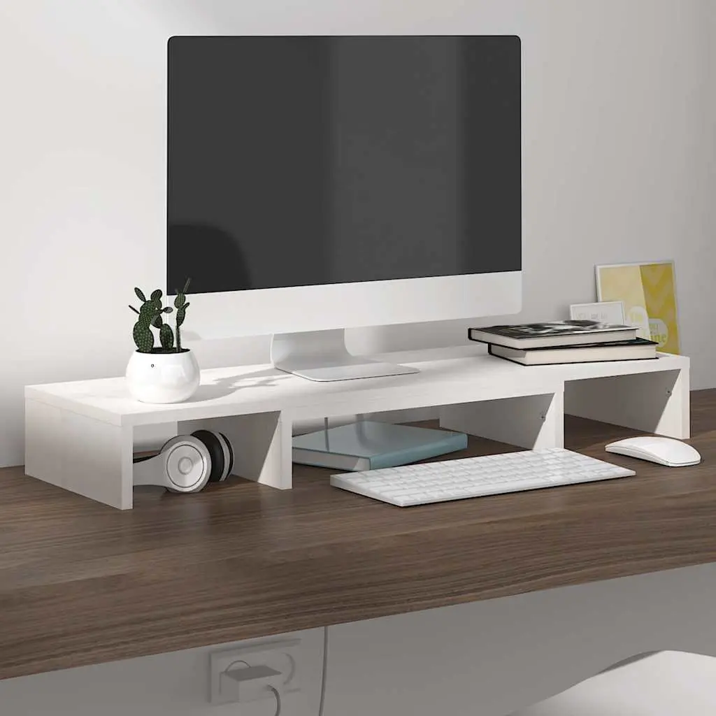 Monitor Stand White Solid Wood Adjustable Desk Riser with Keyboard Storage