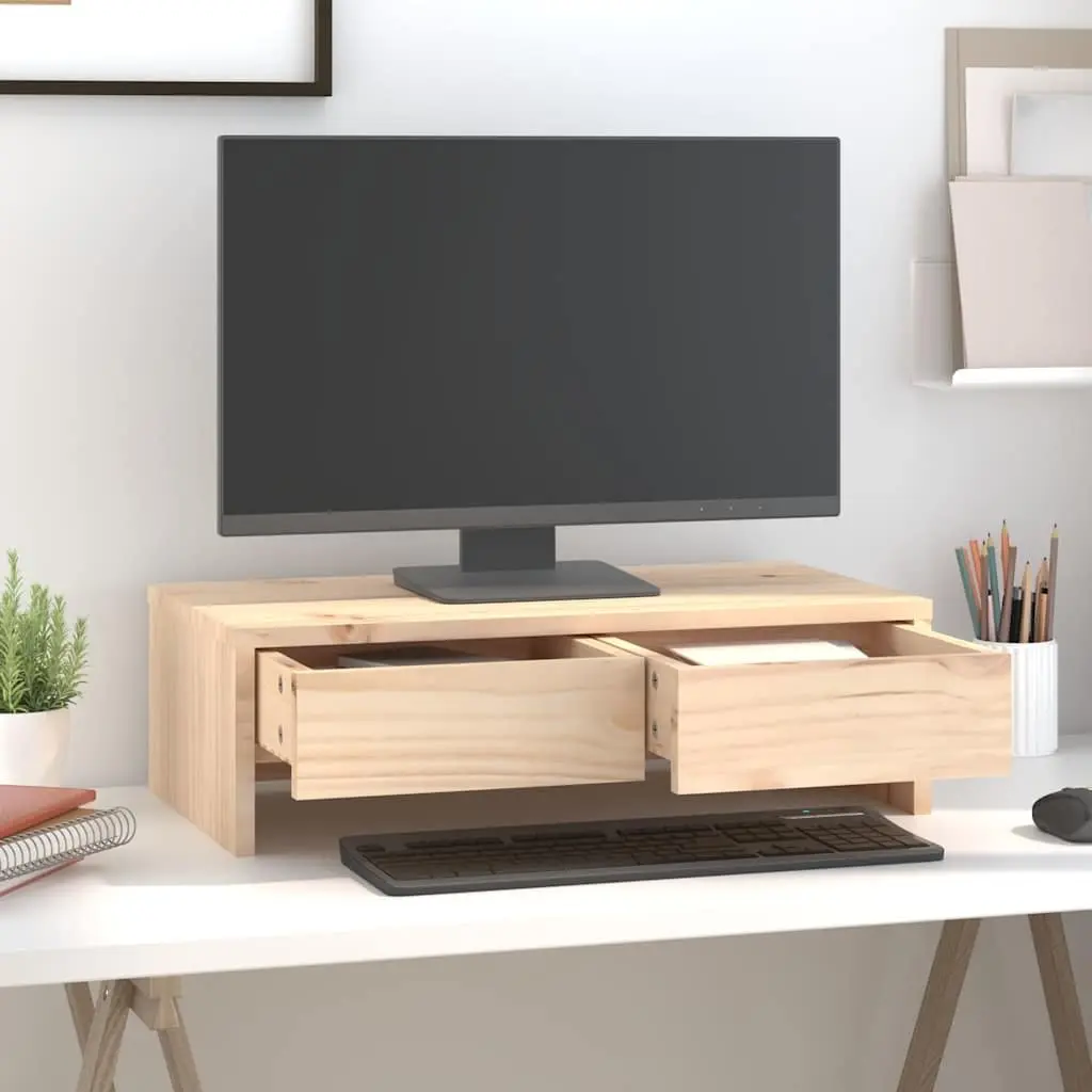 Monitor Stand Brown 50x27x15cm Solid Wood Pine with 2 Drawers Storage Desk Riser