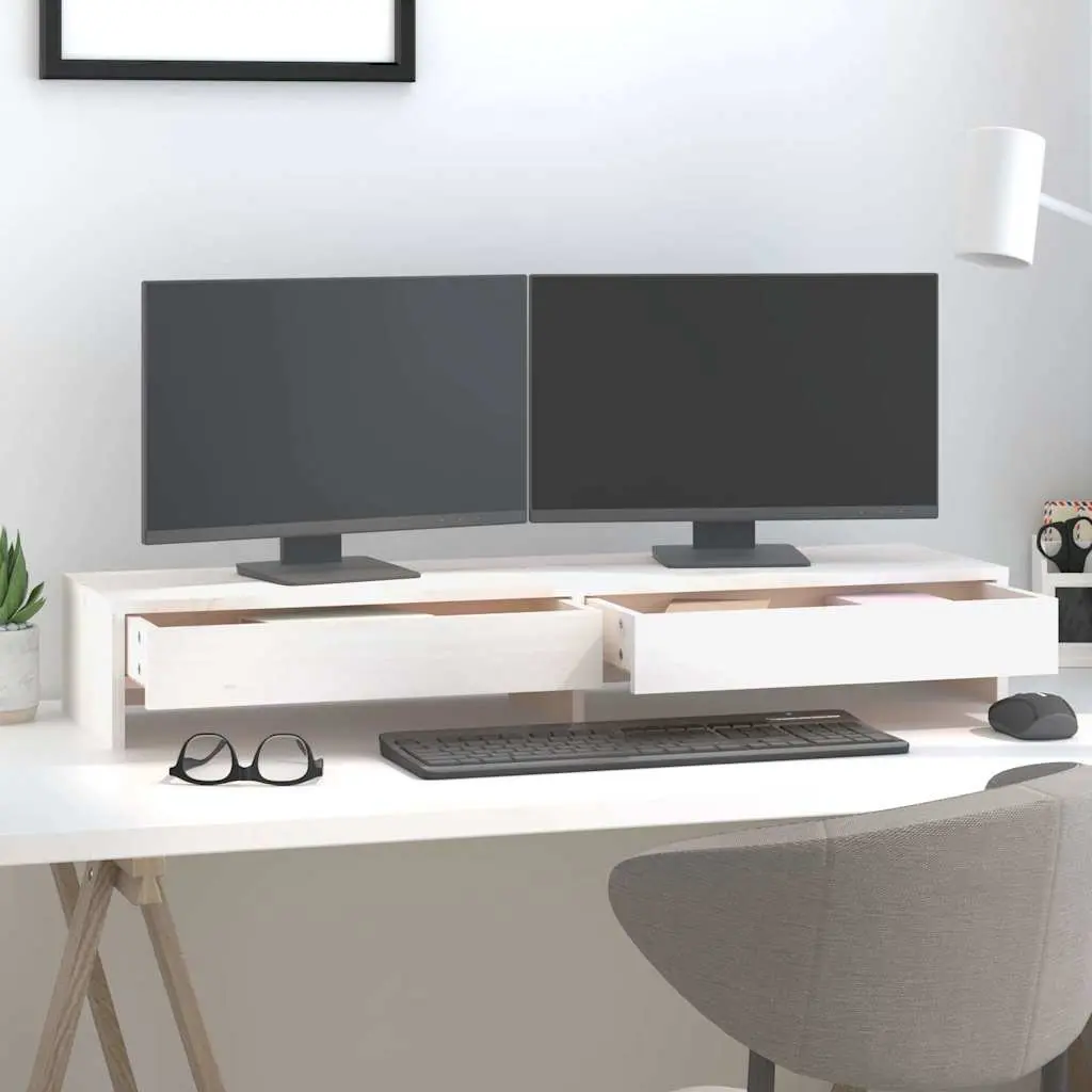 Monitor Stand White 100x27x15 cm Solid Pine Wood Storage Desk Riser with Drawers