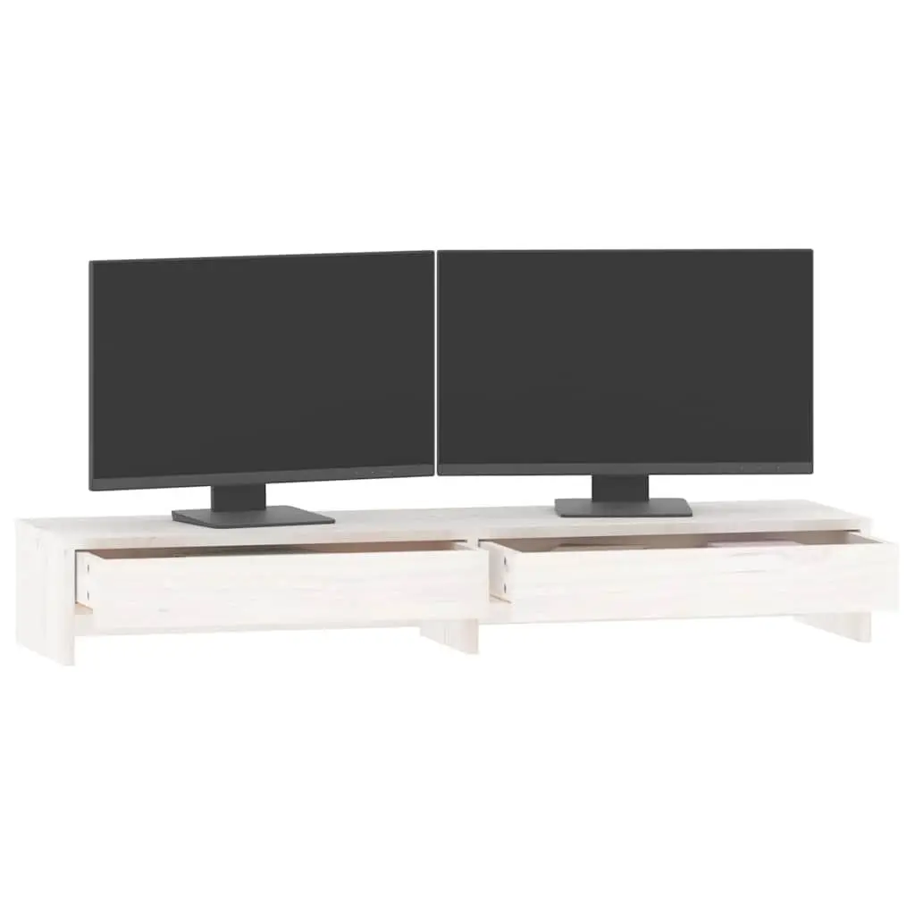 Monitor Stand White 100x27x15 cm Solid Pine Wood Storage Desk Riser with Drawers