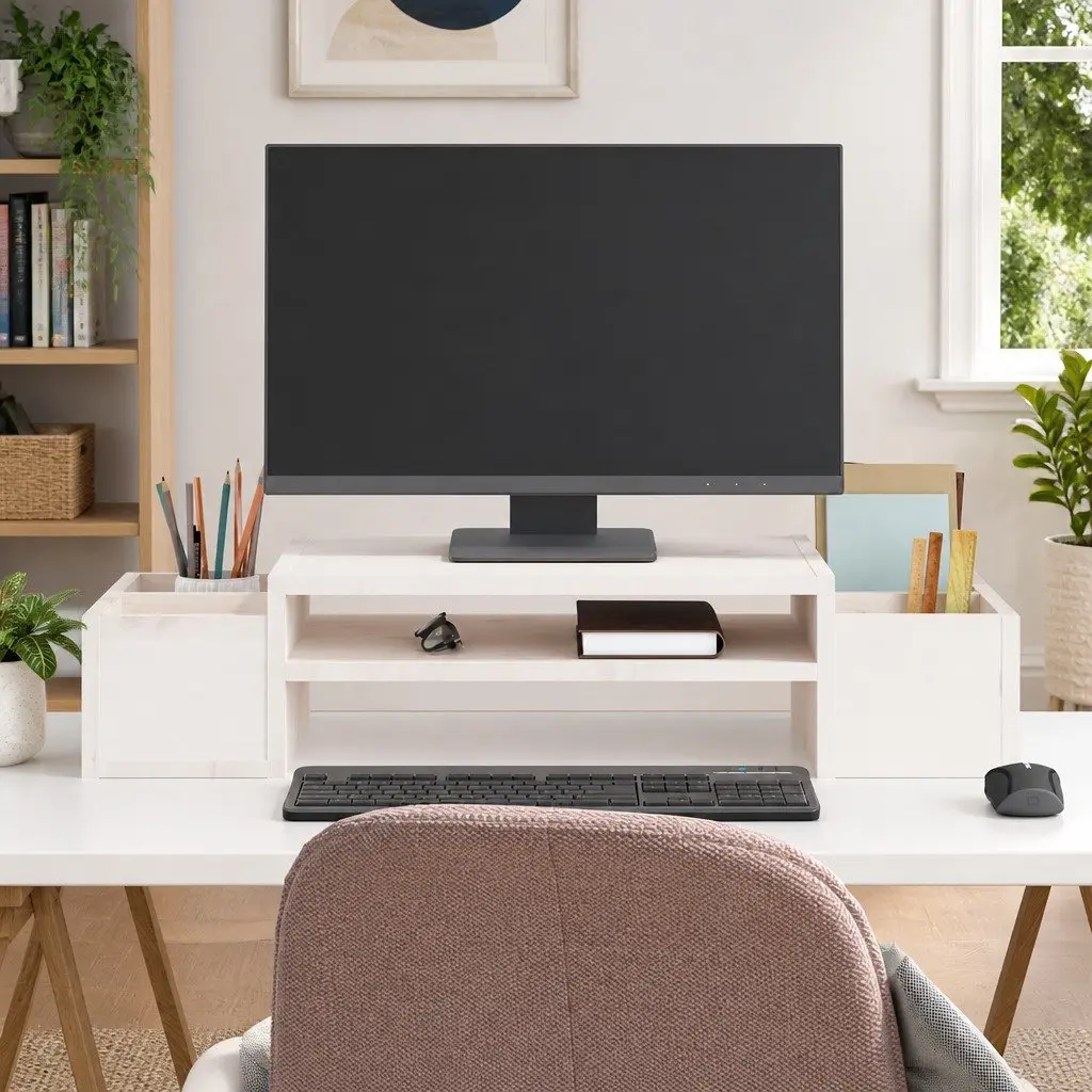 White Monitor Stand with Storage