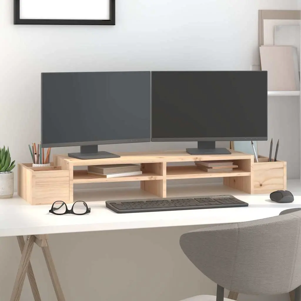 Wooden Monitor Stand Brown 100x27.5x15cm Solid Pine Ergonomic Riser with Storage Slots