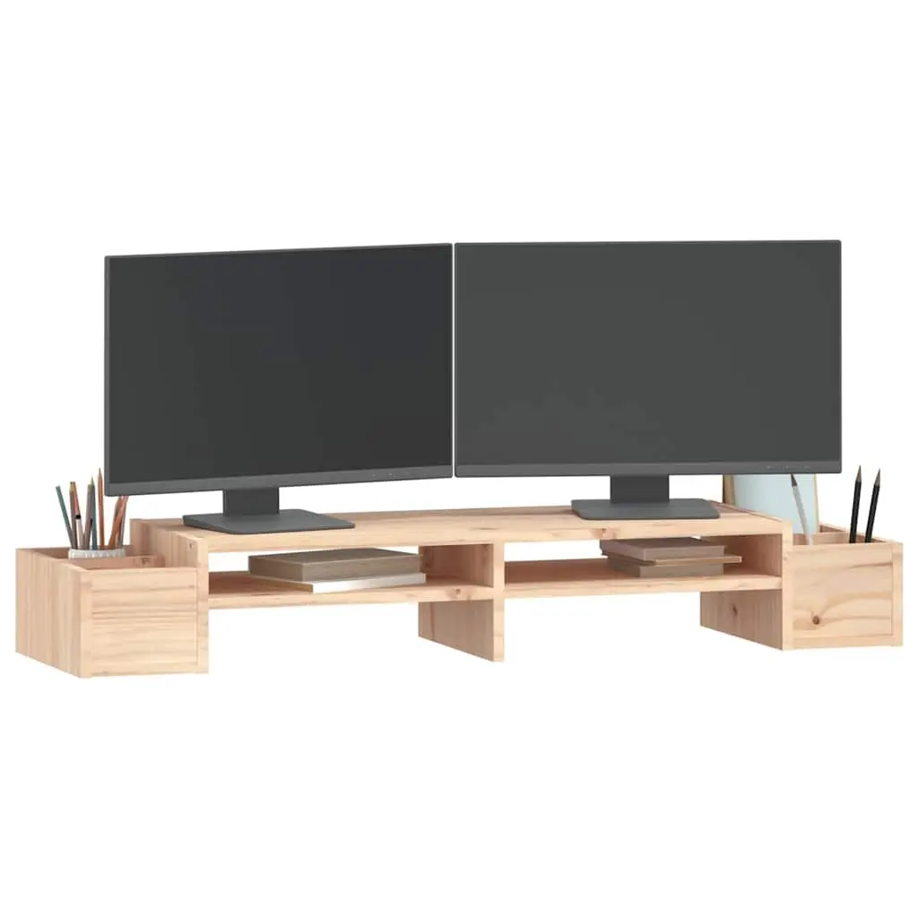 Wooden Monitor Stand Brown 100x27.5x15cm Solid Pine Ergonomic Riser with Storage Slots