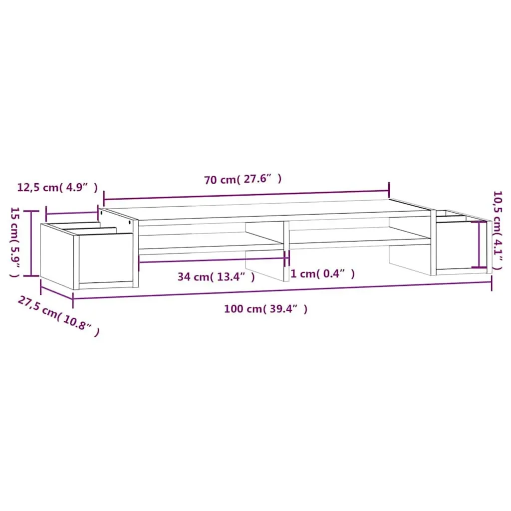 Wooden Monitor Stand Brown 100x27.5x15cm Solid Pine Ergonomic Riser with Storage Slots
