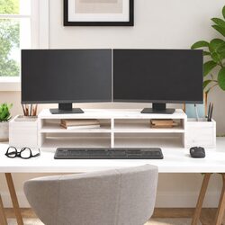 White Solid Pine Wood Monitor Stand with Storage Slots
