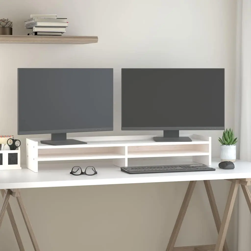 Monitor Stand White 100x24x16cm Solid Wood Pine Computer Riser Desktop Keyboard Storage