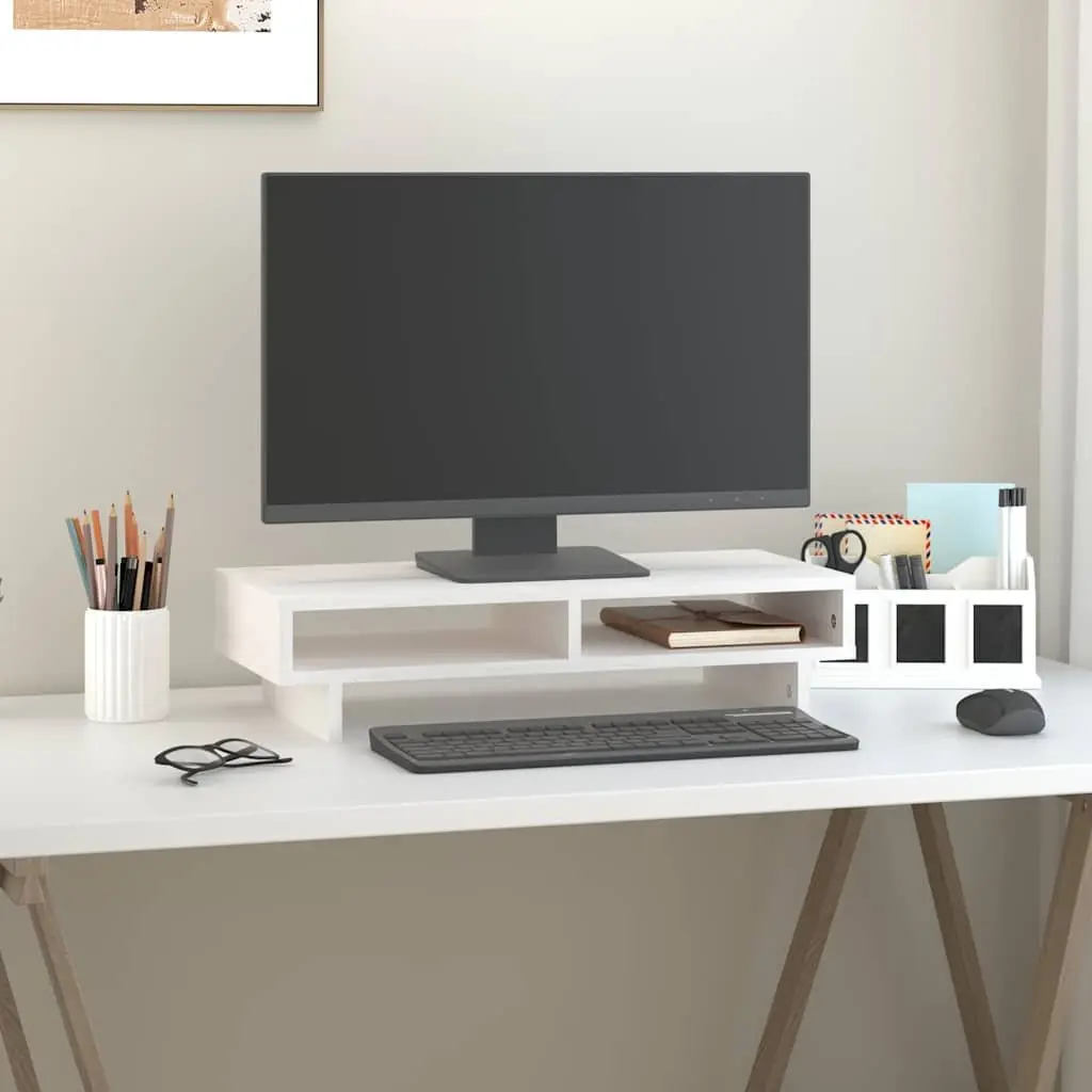 Monitor Stand White 60x27x14 cm Wooden Desk Organiser Ergonomic Riser