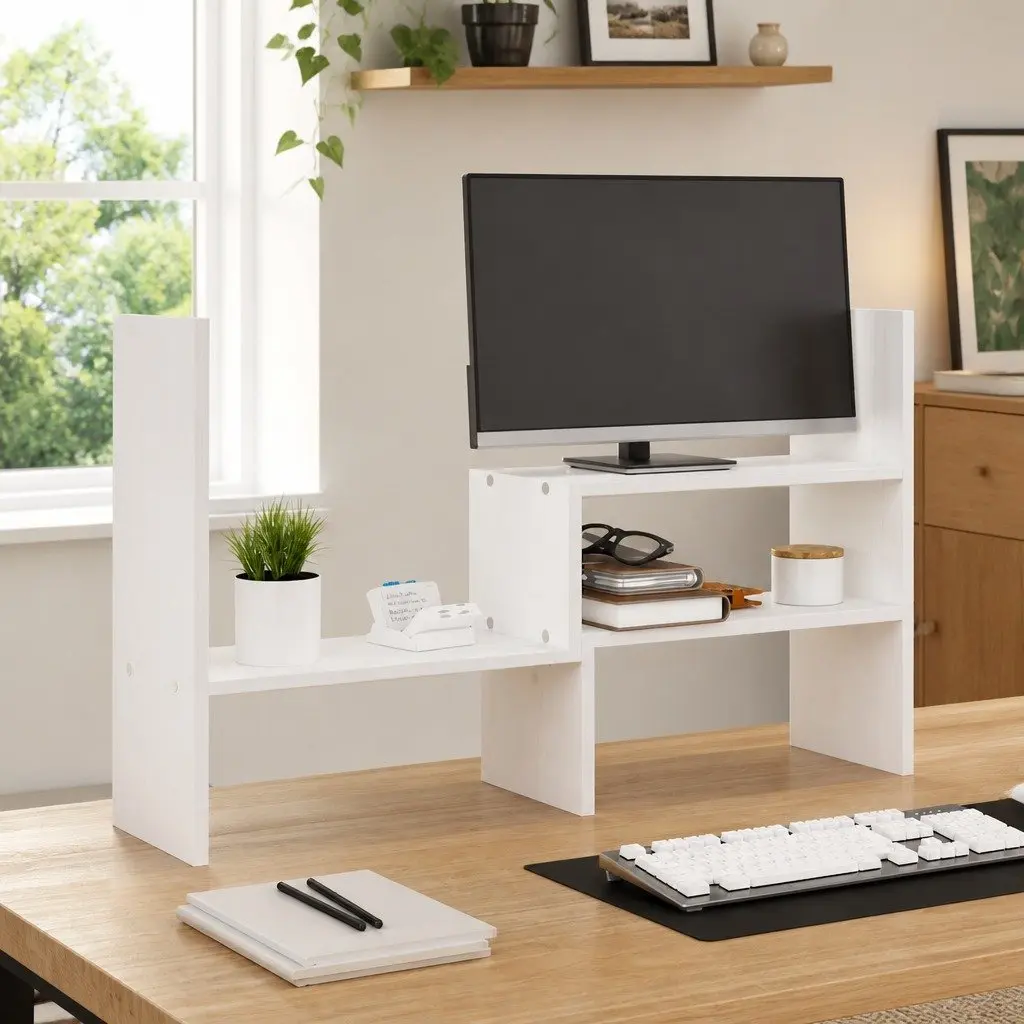 Monitor Stand White Adjustable Solid Wood Pine Desk Organiser